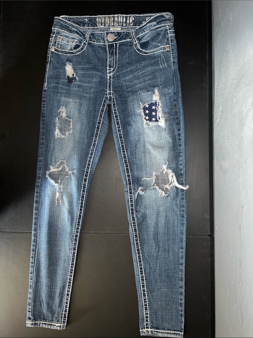 Hydraulic Women's Distressed Skinny Jeans - Dark Blue with Star Patch